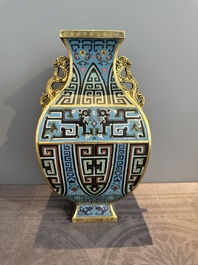 A Chinese archaistic cloisonn&eacute; square vase, Qianlong and Ren mark, 19/20th C.