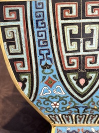 A Chinese archaistic cloisonn&eacute; square vase, Qianlong and Ren mark, 19/20th C.