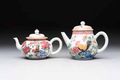 Two Chinese famille rose 'rooster' teapots, Yongzheng/Qianlong