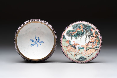 A Chinese Canton saucer, a cup and a covered box, 18th C.
