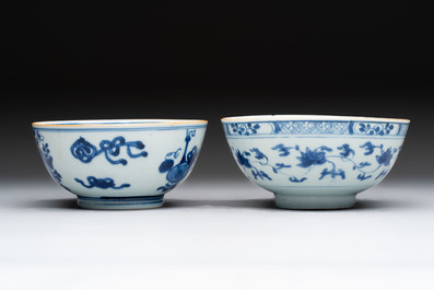Five Chinese blue and white bowls, Kangxi and later
