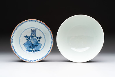 Five Chinese blue and white bowls, Kangxi and later