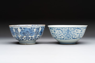 Five Chinese blue and white bowls, Kangxi and later