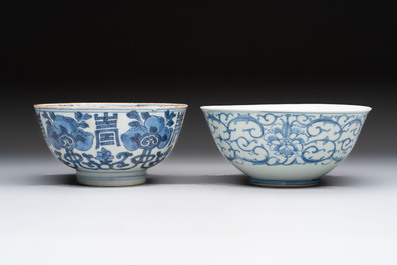 Five Chinese blue and white bowls, Kangxi and later