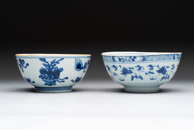 Five Chinese blue and white bowls, Kangxi and later