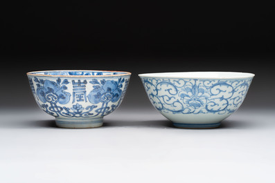 Five Chinese blue and white bowls, Kangxi and later