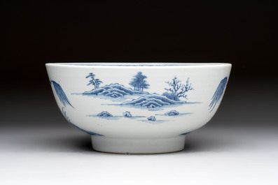 Five Chinese blue and white bowls, Kangxi and later
