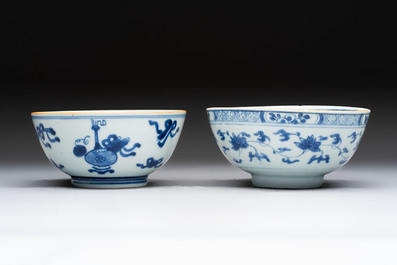 Five Chinese blue and white bowls, Kangxi and later