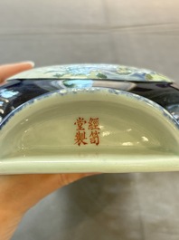 A pair of Chinese famille rose blue-ground wall pocket vases with floral design, Jing Shun Tang 經筍堂 mark, 19th C.