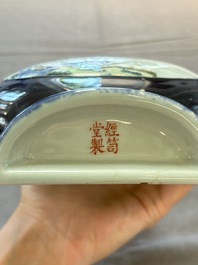 A pair of Chinese famille rose blue-ground wall pocket vases with floral design, Jing Shun Tang 經筍堂 mark, 19th C.