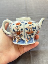 Three Chinese Imari-style teapots and two blue and white jugs, Kangxi