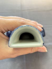 A pair of Chinese famille rose blue-ground wall pocket vases with floral design, Jing Shun Tang 經筍堂 mark, 19th C.