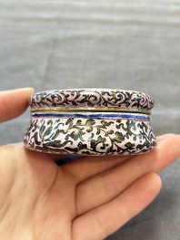 A Chinese Canton saucer, a cup and a covered box, 18th C.