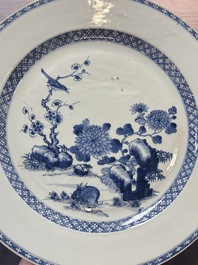 Five Chinese blue and white 'birds and flowers' and 'peony scroll' plates and dishes, 18/19th C.