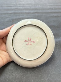 A Chinese Canton saucer, a cup and a covered box, 18th C.