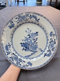 Five Chinese blue and white 'birds and flowers' and 'peony scroll' plates and dishes, 18/19th C.