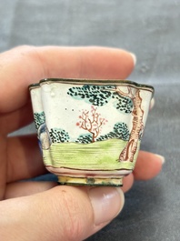 A Chinese Canton saucer, a cup and a covered box, 18th C.