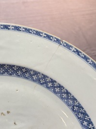 Five Chinese blue and white 'birds and flowers' and 'peony scroll' plates and dishes, 18/19th C.