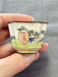 A Chinese Canton saucer, a cup and a covered box, 18th C.