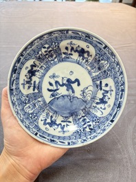 Nine Chinese blue and white plates with figural design, 18th C.