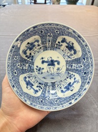 Nine Chinese blue and white plates with figural design, 18th C.