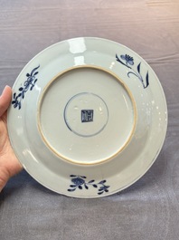 Nine Chinese blue and white plates with figural design, 18th C.