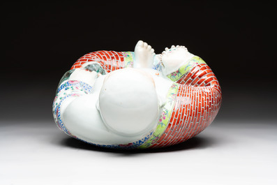 Three Chinese famille rose Milefo Buddhas, Zhu Mao Ji 朱茂記造 marks, 20th C.