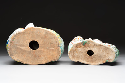 Three Chinese famille rose Milefo Buddhas, Zhu Mao Ji 朱茂記造 marks, 20th C.