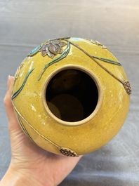 A Chinese verte biscuit 'Yi Lu Lian Ke 一路連科' jar and a flamb&eacute; water pot, 18/19th C.