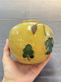 A Chinese verte biscuit 'Yi Lu Lian Ke 一路連科' jar and a flamb&eacute; water pot, 18/19th C.