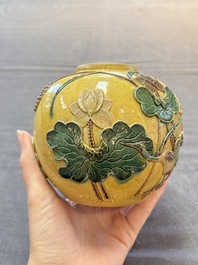 A Chinese verte biscuit 'Yi Lu Lian Ke 一路連科' jar and a flamb&eacute; water pot, 18/19th C.