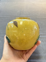 A Chinese verte biscuit 'Yi Lu Lian Ke 一路連科' jar and a flamb&eacute; water pot, 18/19th C.