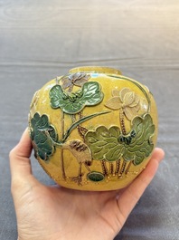 A Chinese verte biscuit 'Yi Lu Lian Ke 一路連科' jar and a flamb&eacute; water pot, 18/19th C.