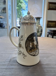 A large Chinese grisaille and gilt-decorated 'The Seamstress' chocolate pot, Qianlong