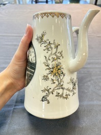 A large Chinese grisaille and gilt-decorated 'The Seamstress' chocolate pot, Qianlong