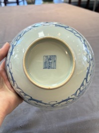 Five Chinese blue and white bowls, Kangxi and later