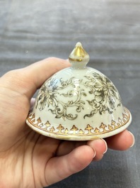 A large Chinese grisaille and gilt-decorated 'The Seamstress' chocolate pot, Qianlong