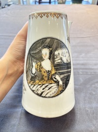 A large Chinese grisaille and gilt-decorated 'The Seamstress' chocolate pot, Qianlong