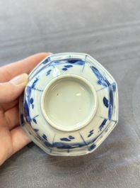 A Chinese blue and white octagonal bowl and a green and red-enamelled blue and white bowl, Jiajing/Chongzhen