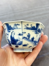 A Chinese blue and white octagonal bowl and a green and red-enamelled blue and white bowl, Jiajing/Chongzhen