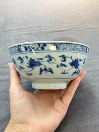 Five Chinese blue and white bowls, Kangxi and later