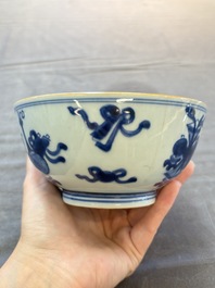 Five Chinese blue and white bowls, Kangxi and later