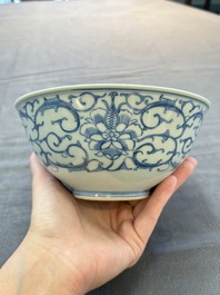 Five Chinese blue and white bowls, Kangxi and later