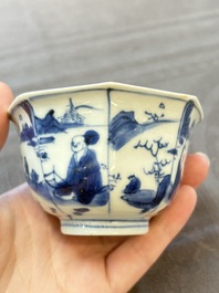 A Chinese blue and white octagonal bowl and a green and red-enamelled blue and white bowl, Jiajing/Chongzhen