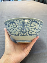 Five Chinese blue and white bowls, Kangxi and later