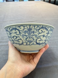 Five Chinese blue and white bowls, Kangxi and later