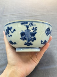 Five Chinese blue and white bowls, Kangxi and later