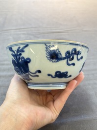 Five Chinese blue and white bowls, Kangxi and later