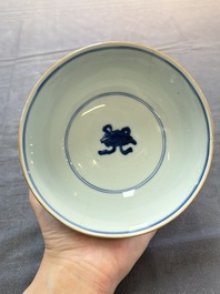 Five Chinese blue and white bowls, Kangxi and later