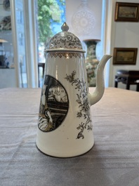 A large Chinese grisaille and gilt-decorated 'The Seamstress' chocolate pot, Qianlong